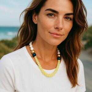 Lime it up Mid length beaded necklace of lemony lime beads w/ navy/wht accents